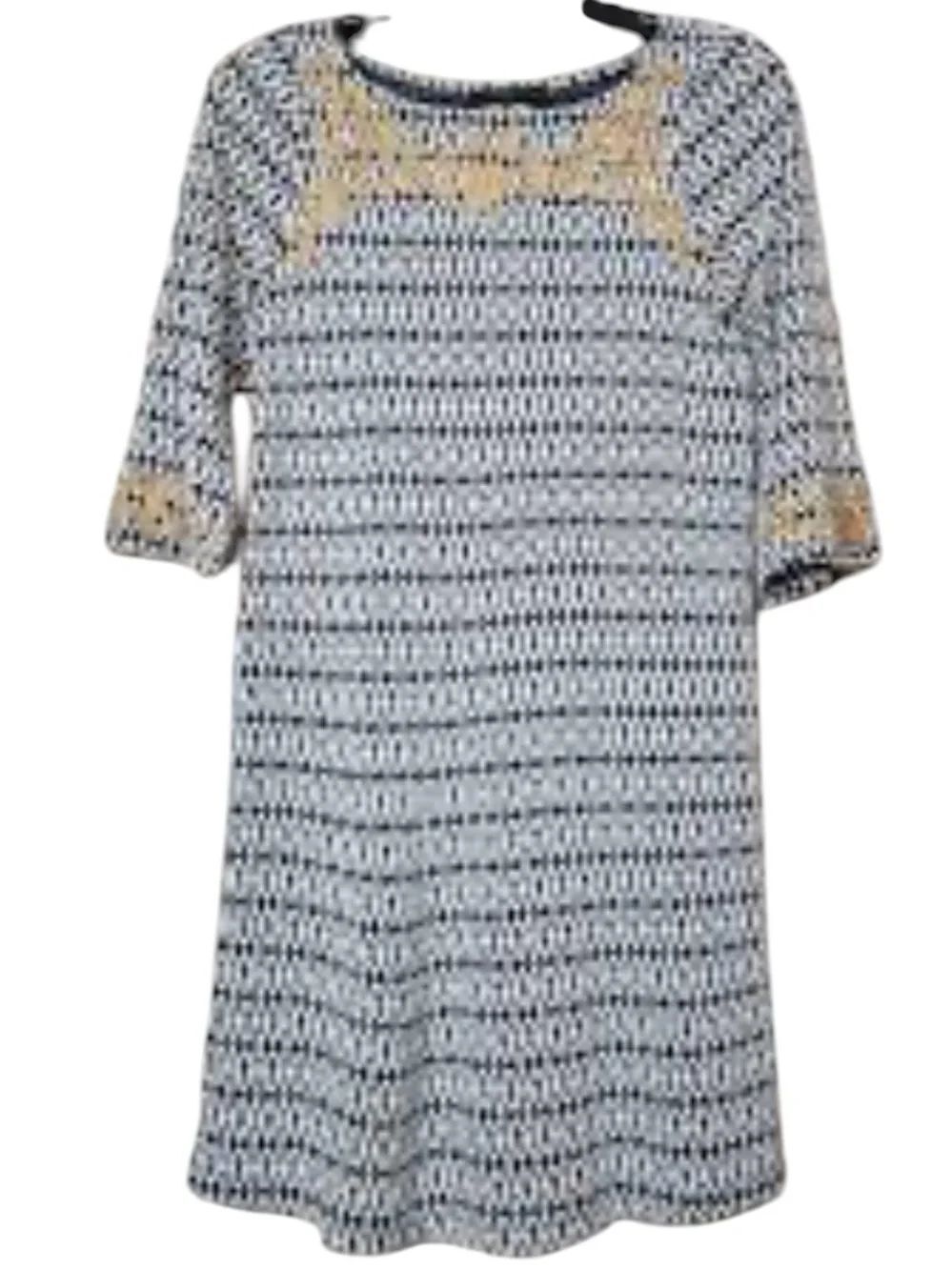 Anthropologie THML Black & White Geometric Midi Dress Gold Embroidery medium